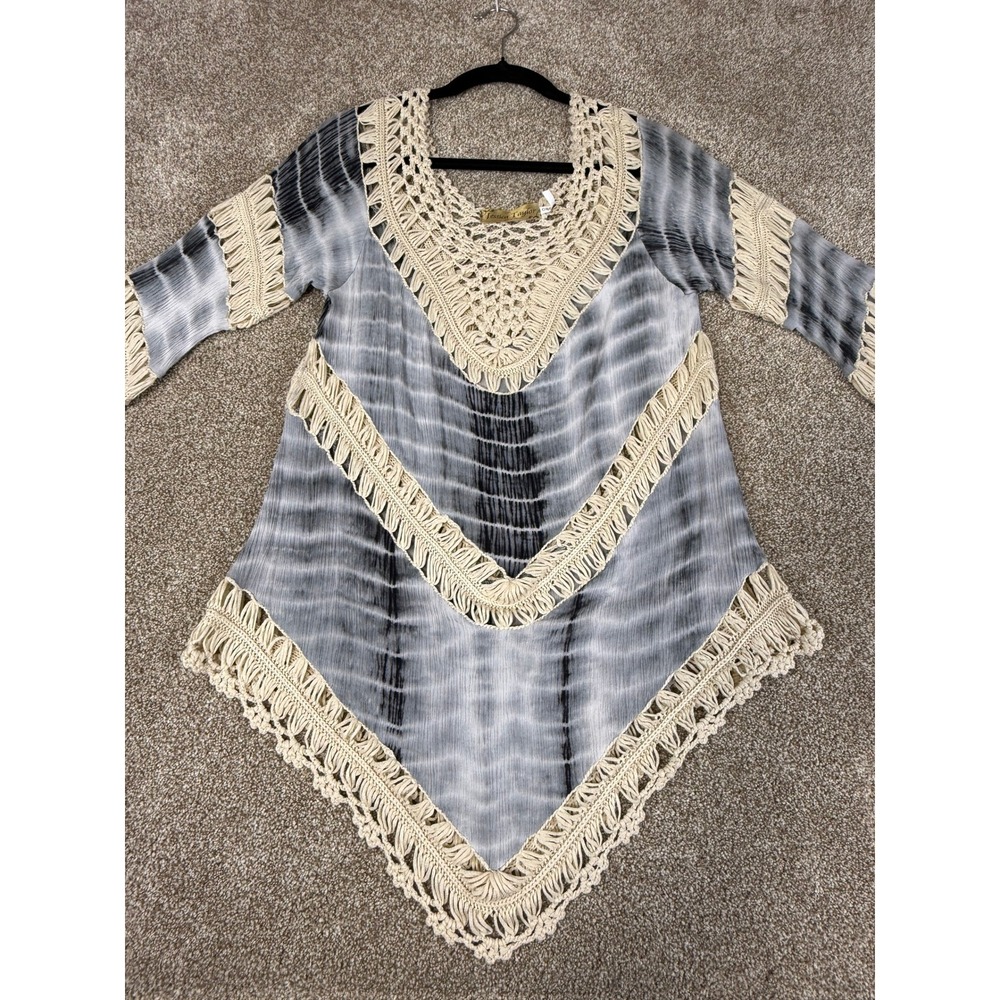 Jessica Taylor Tie Dye Crochet Fringe BOHO Handkerchief Tunic Top OS Festival